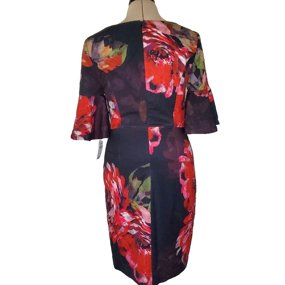 NEW Trina Turk Women’s Dress Size 2 Red Floral Bell Sleeve Stretch Sheath Dress - Picture 6 of 10